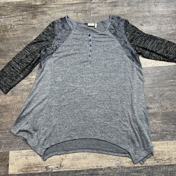 LOGO Lori Goldstein Black Gray 3/4 Sleeve Pockets Color Blocked Lace Size XL - Picture 10 of 10